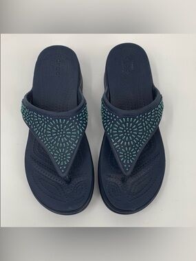 Crocs Monterey Diamante wedge flipflop thong sandal sunburst shoe slide blue 9